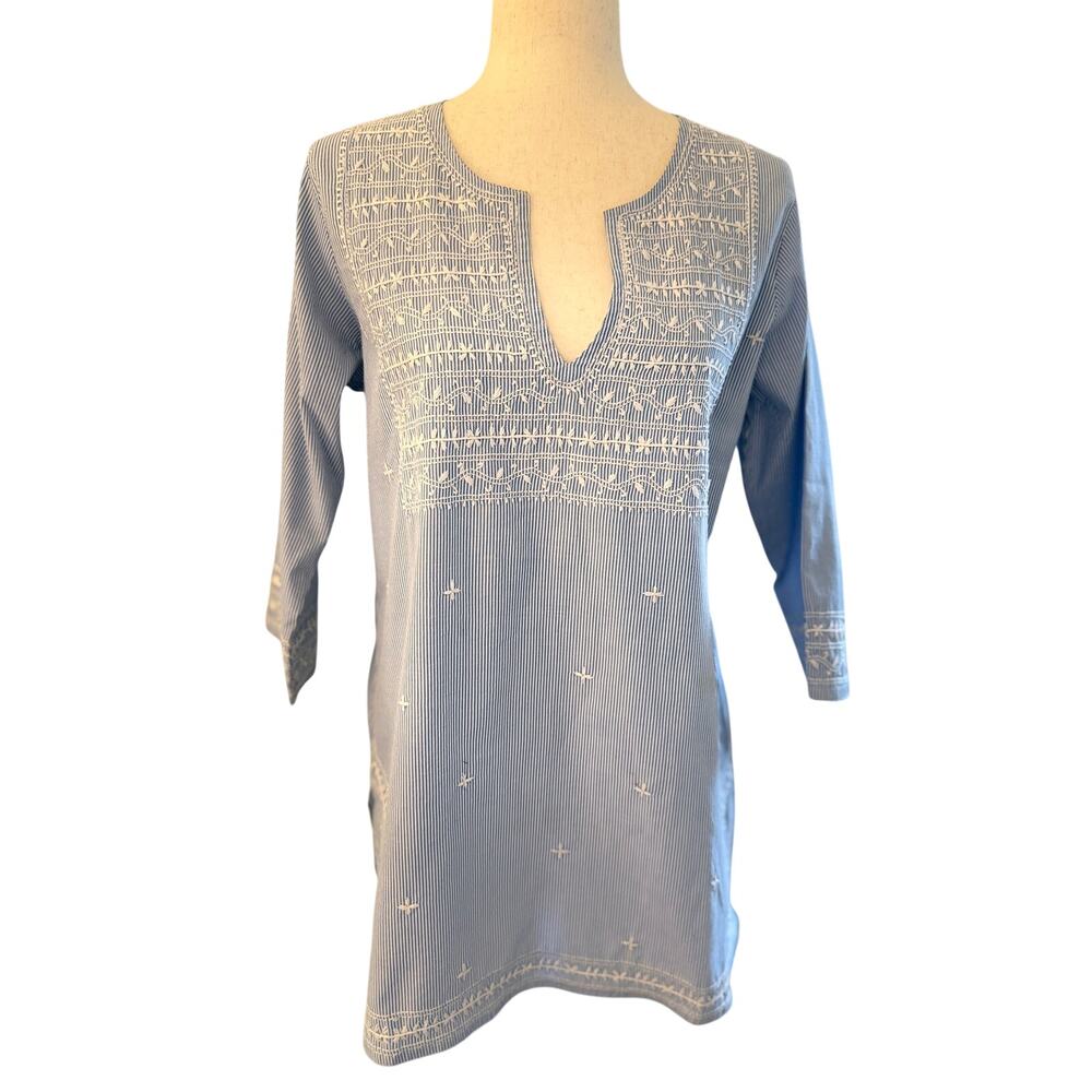 Gretchen Scott Designs Blue White Embroidered Tunic Top Size M